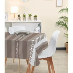 Nappe carrée rayures vert de gris et taupe motif couverts