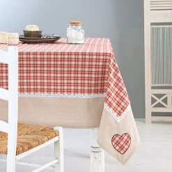 Nappe de table rectangulaire beige et rouge à carreaux