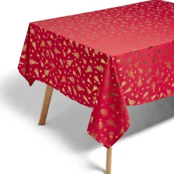 Nappe en tissu rouge motif sapin doré 140x300cm
