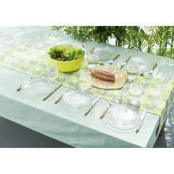 Nappe et chemin de table motif feuilles vert