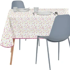 Nappe polyester imprimé pois multicolore biais rose 140x250 cm