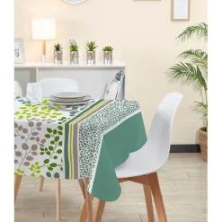 Nappe rectangulaire blanche imprimée feuilles vertes
