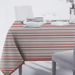Nappe rectangulaire grise imprimée rayures blanc rouge