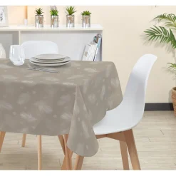 Nappe rectangulaire polyester anti tâche motif plume taupe