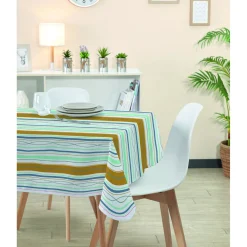 Nappe rectangulaire polyester anti tâche bayadère jaune bleu blanc