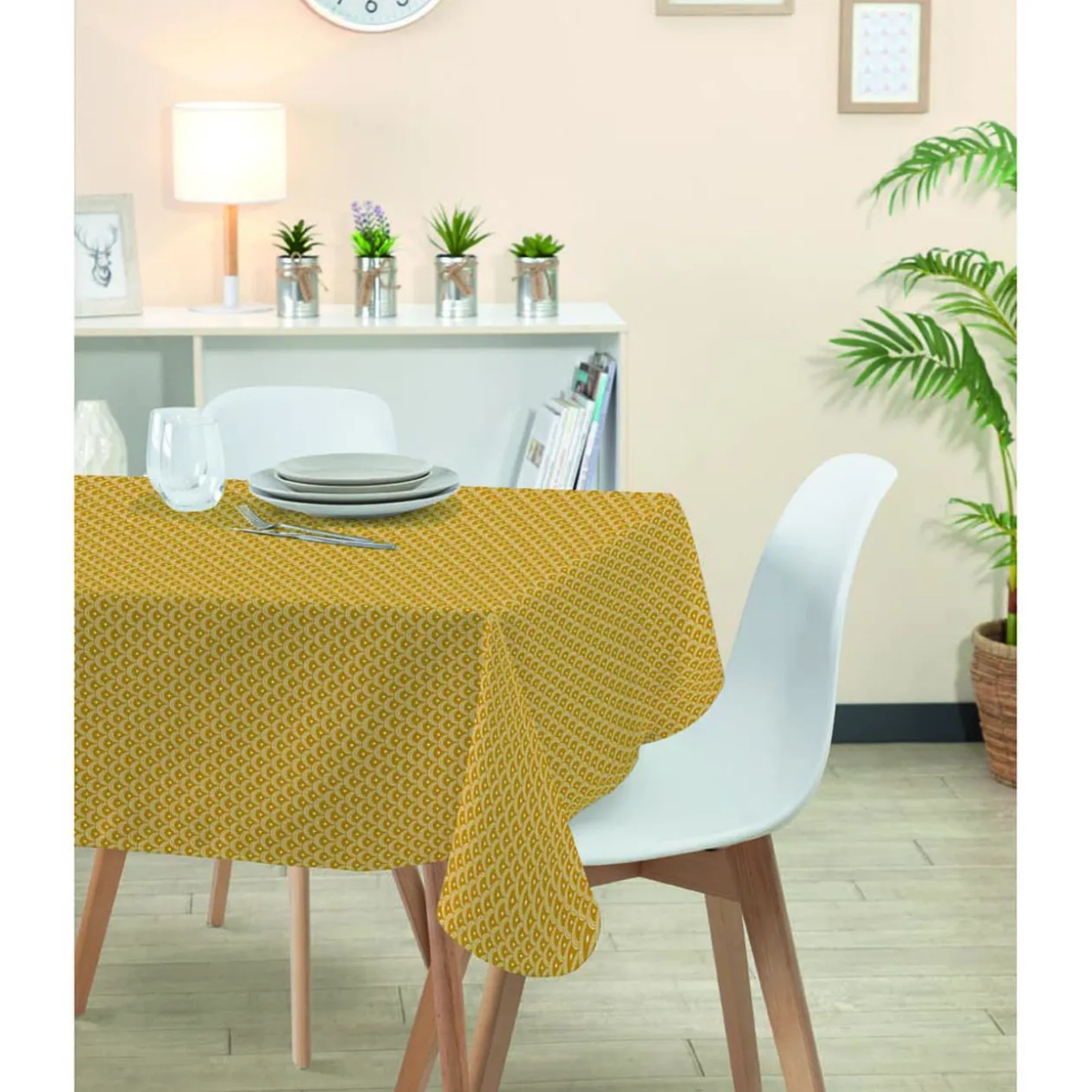 Nappe rectangulaire polyester anti tâche imprimé écailles jaune blanc