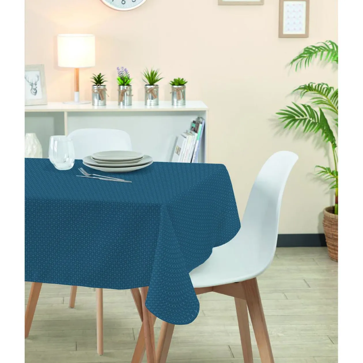 Nappe rectangulaire polyester anti tâche imprimé graphique bleu