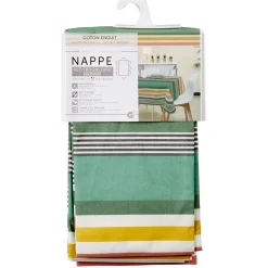 Nappe rectangulaire rayée bayadère vert blanc jaune
