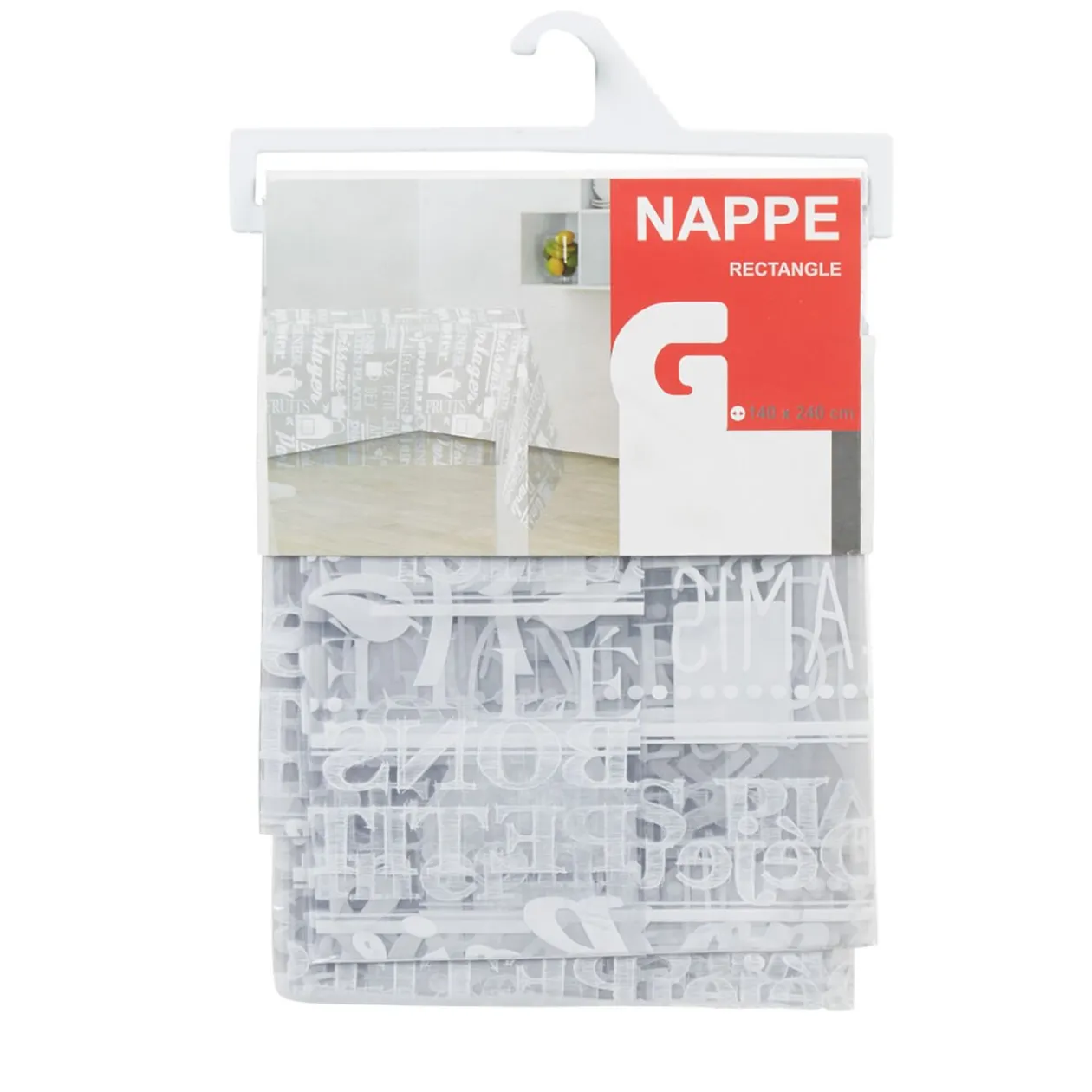 Nappe rectangulaire transparente inscription et motif blanc