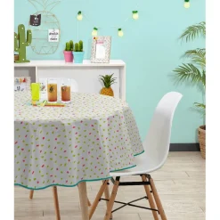 Nappe ronde blanche rose et verte design Paradis tropical