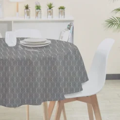 Nappe ronde coton enduit imprimé graphique gris