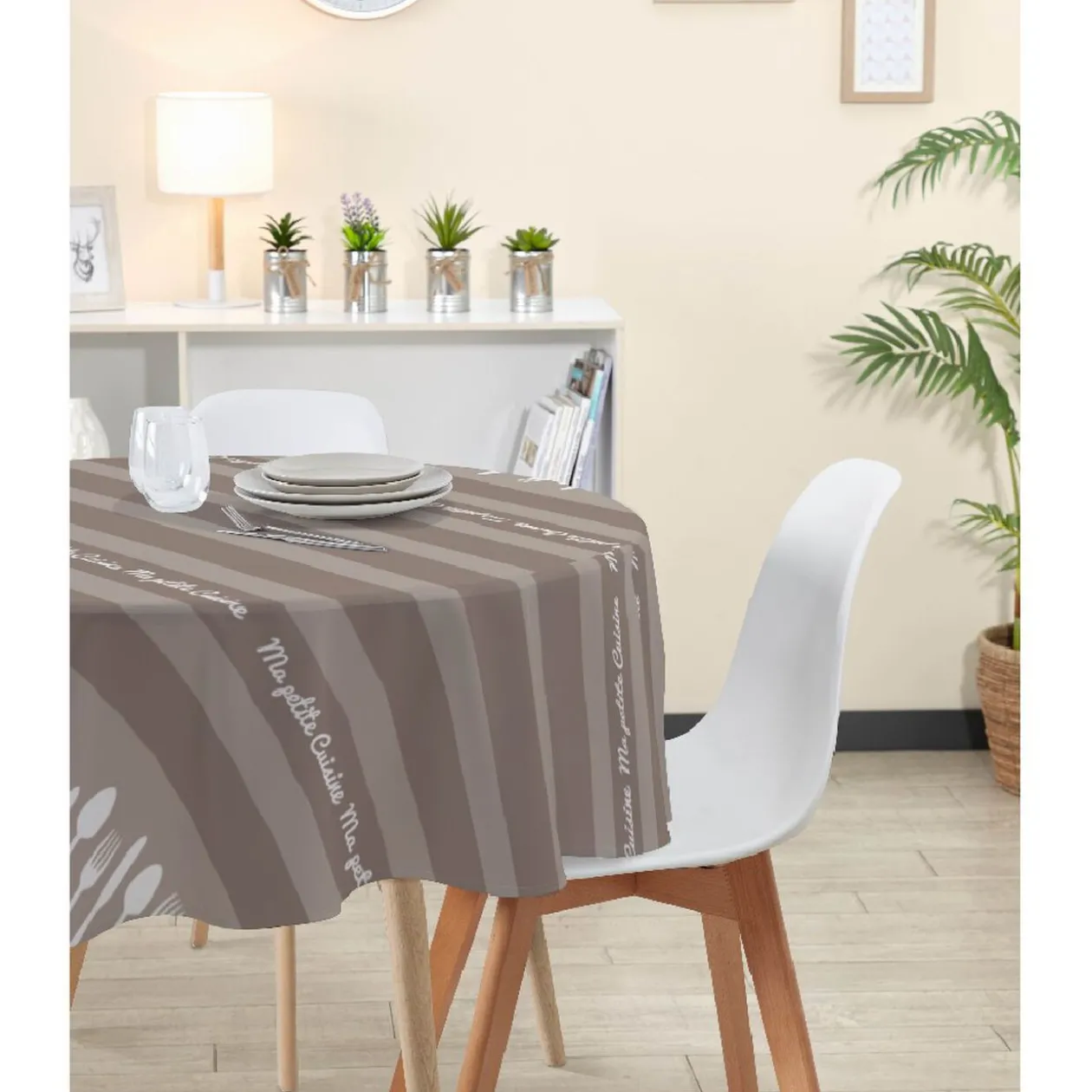 Nappe ronde imprimée design couvert cuisine taupe marron