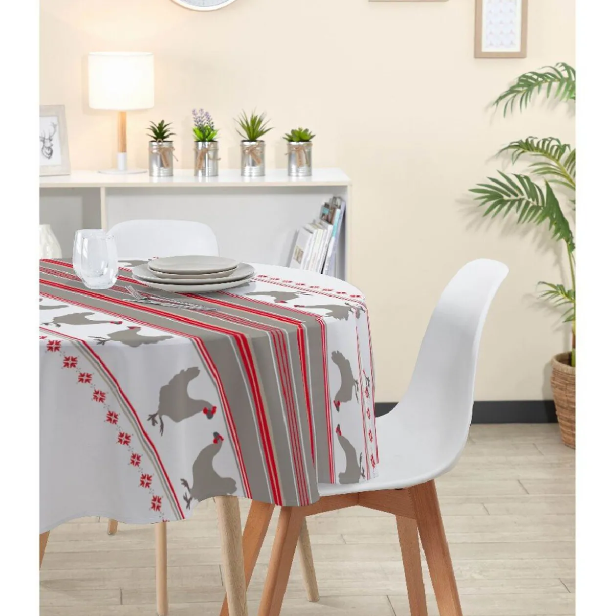 Nappe ronde imprimée poules rayures grises rouges