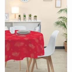 Nappe ronde rouge motifs plumes