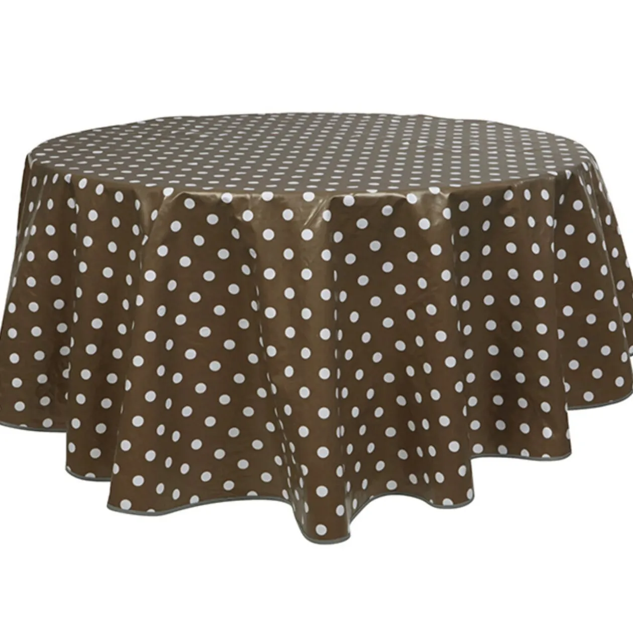 Nappe ronde toile cirée marron motifs pois blancs