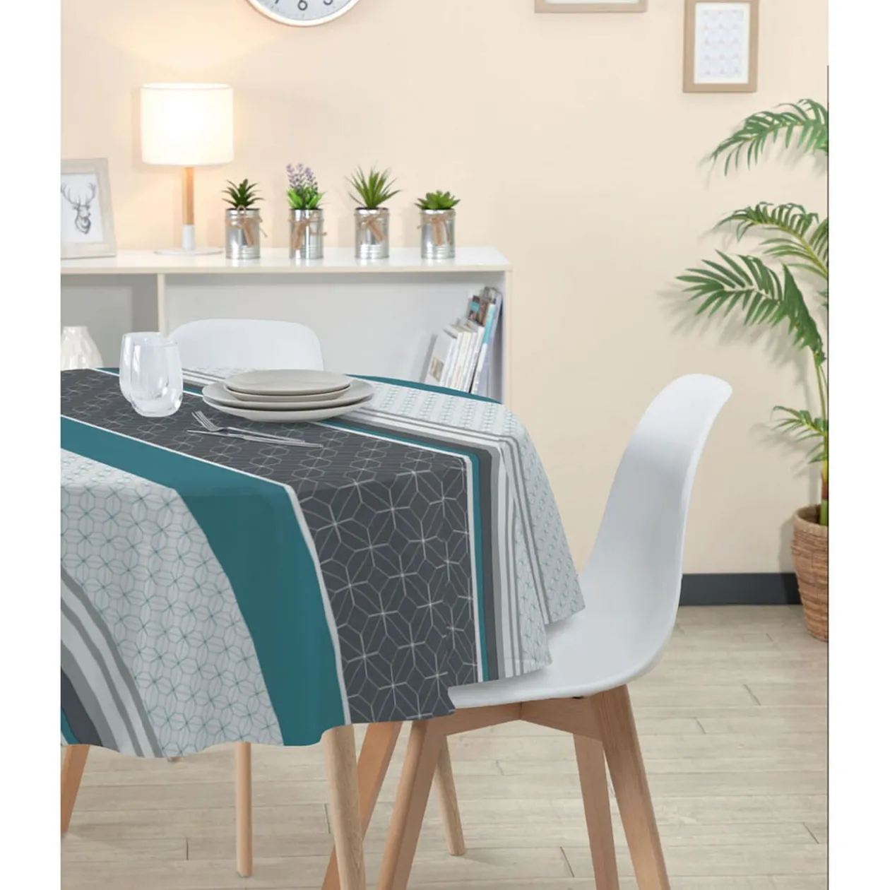 Nappe ronde toile cirée motif carreau de ciment gris et bleu