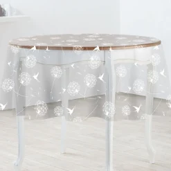Nappe ronde transparente motifs oiseaux et pissenlits