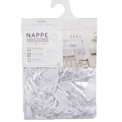 Nappe ronde transparente inscriptions et motifs blancs
