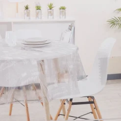 Nappe ronde transparente inscriptions et motifs blancs