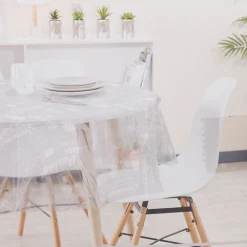 Nappe ronde transparente inscriptions et motifs blancs