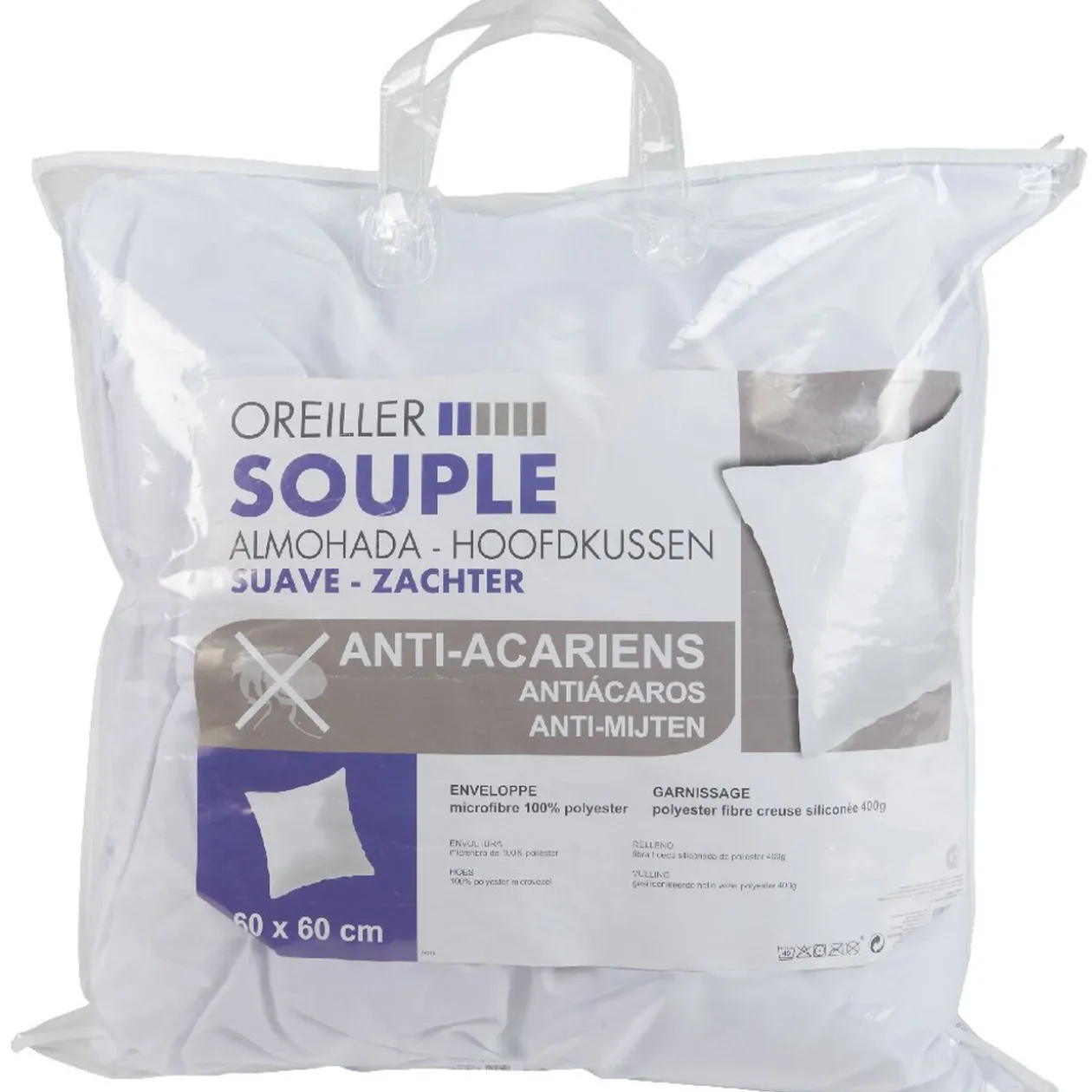 Oreiller souple blanc carré anti acariens