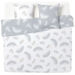 Parure de lit 2 personnes 240x260 cm gris blanc motif plumes