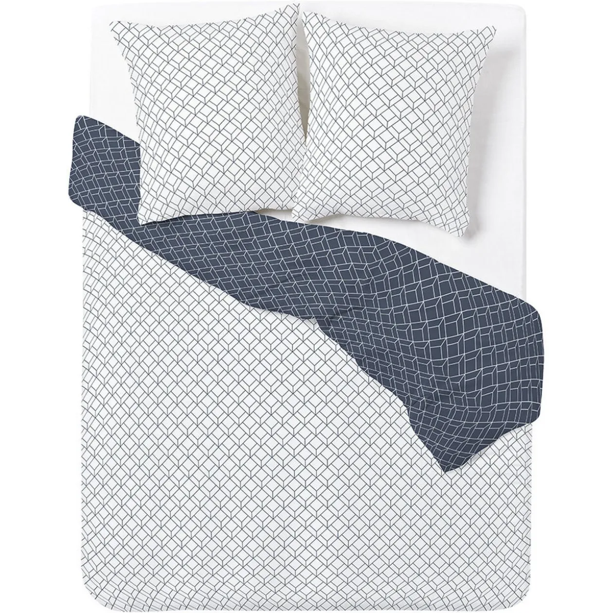 Parure de lit 2 personnes 240x220cm polycoton motif géométrique bleu blanc
