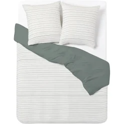 Parure de lit 2 personnes 240x220cm polycoton rayure kaki et blanc