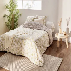 Parure de lit 2 personnes 240x220cm polycoton motif floral rose et gris