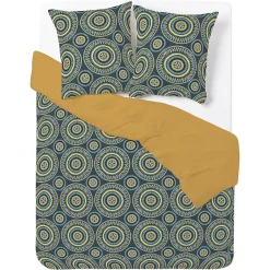 Parure de lit 2 personnes 240x220cm réversible motif arabesque orange et bleu