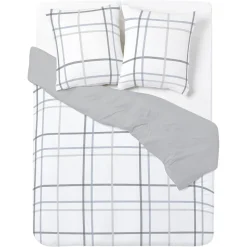 Parure de lit 2 personnes 240x220cm réversible quadrillage gris et blanc
