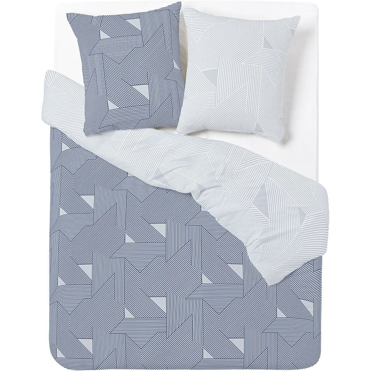 Parure de lit 2 personnes 200x200cm réversible courbe géométrique bleu et gris