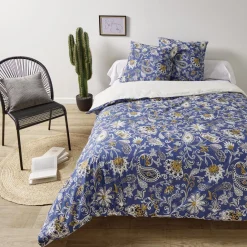 Parure de lit 2 personnes 240x220cm réversible paisley bleu et beige