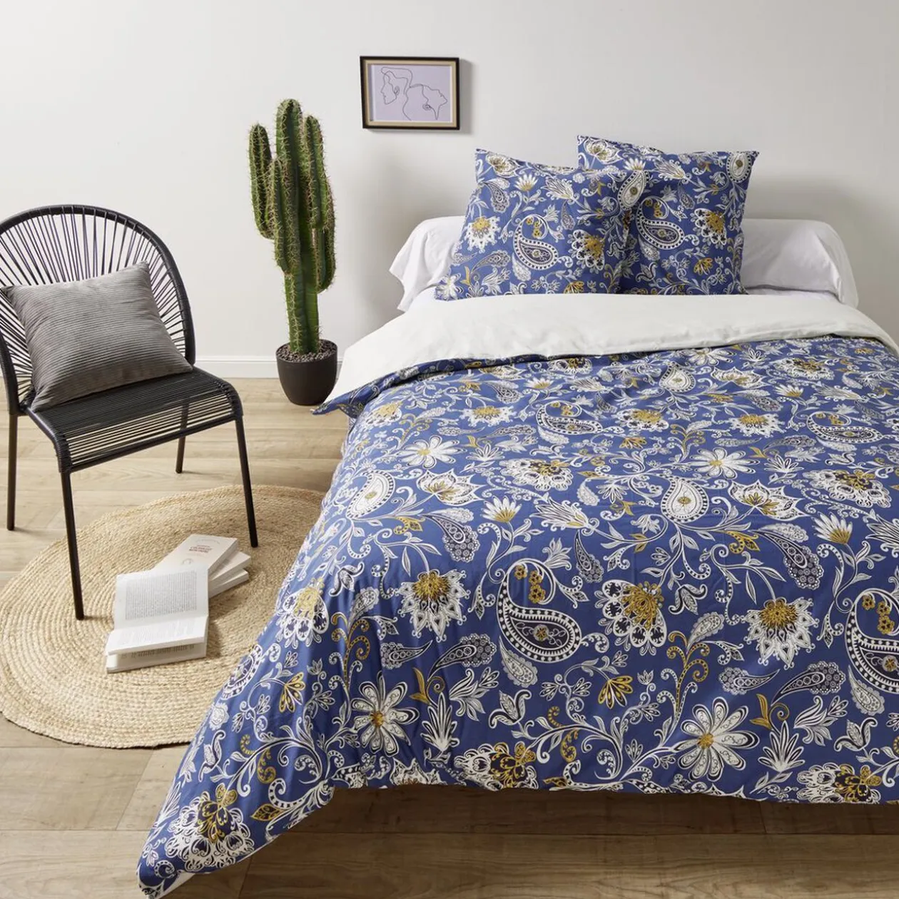 Parure de lit 2 personnes 240x220cm réversible paisley bleu et beige