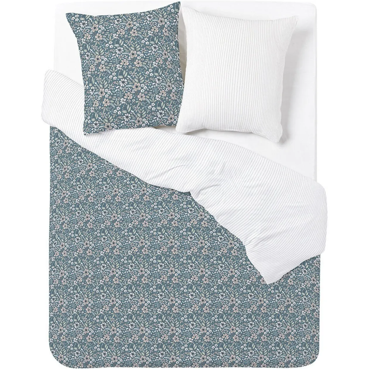 Parure de lit 2 personnes 240x220cm réversible motif floral vert et blanc