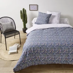 Parure de lit 2 personnes 240x220cm réversible motif floral vert et blanc