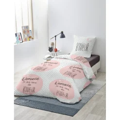 Parure de lit 1 place blanc et rose Bonheur