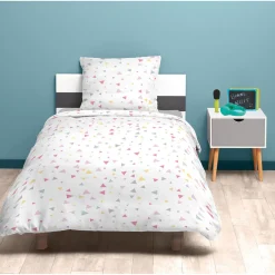 Parure de lit 1 place blanche motif triangles multicolores