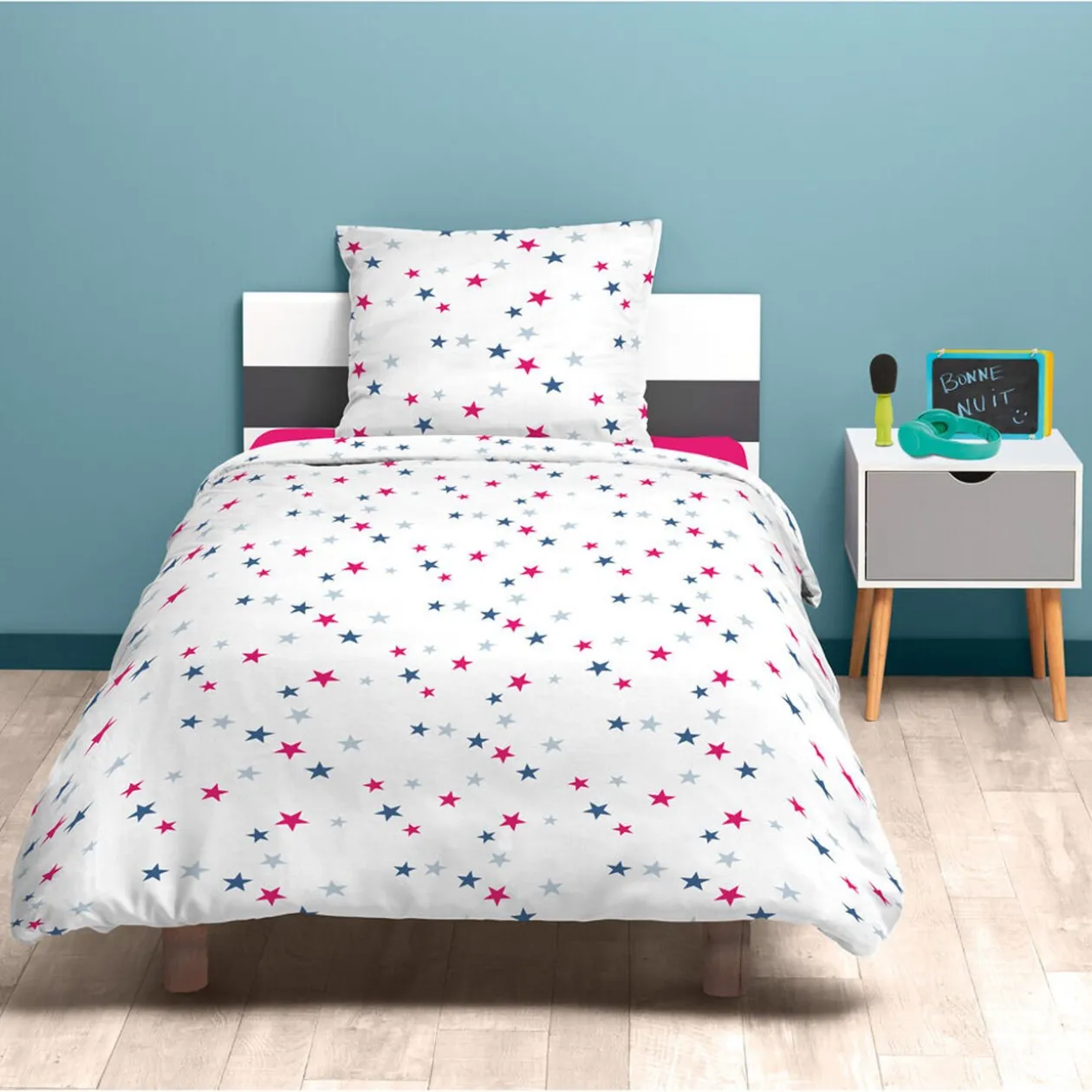 Parure de lit 1 place blanche étoiles roses bleues et grises