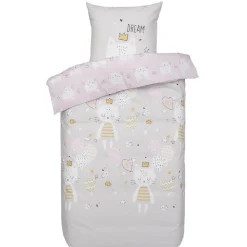 Parure de lit 1 place chat rêve rose et gris