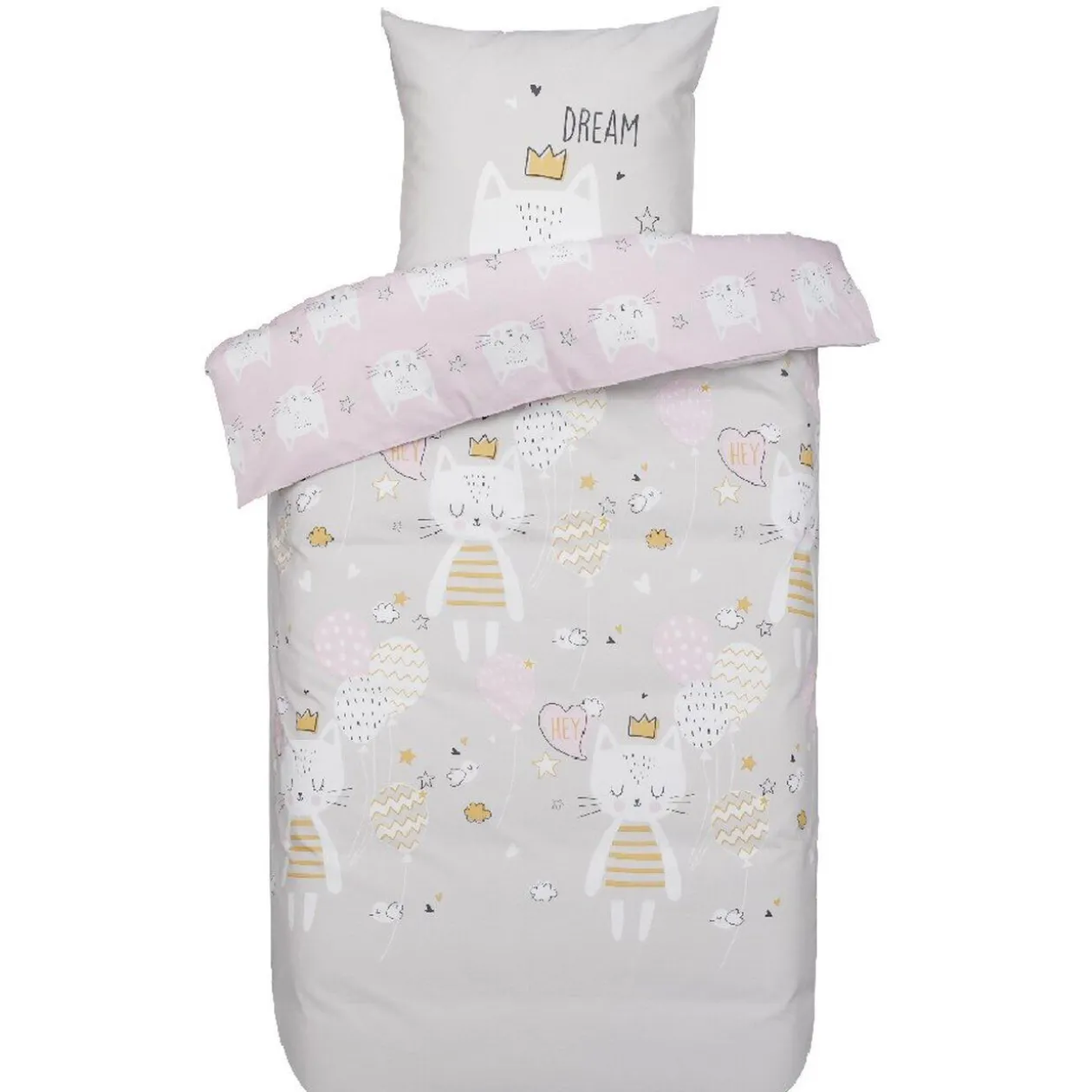 Parure de lit 1 place chat rêve rose et gris