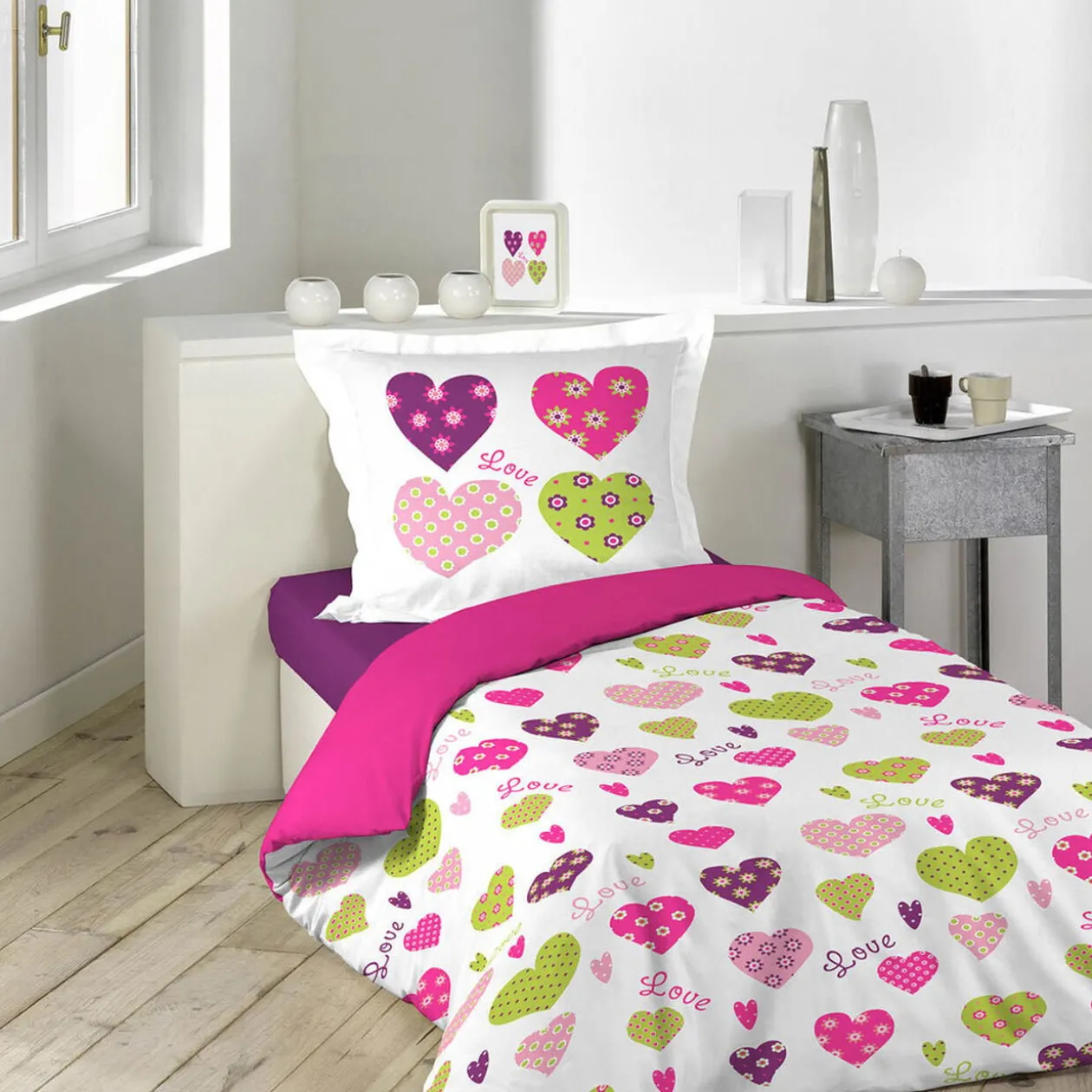 Parure de lit 1 place coeurs multicolores