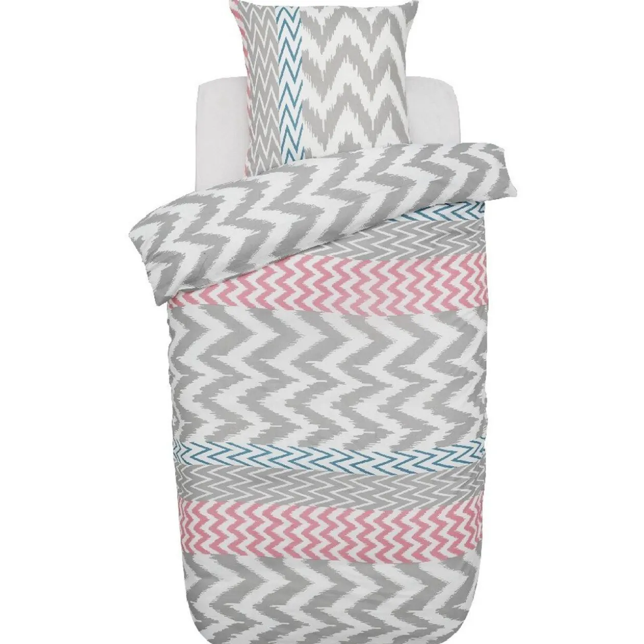 Parure de lit 1 place design zig zag blanc gris bleu et rose