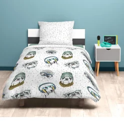 Parure de lit 1 place motif têtes de chien et chat