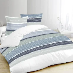 Parure de lit 2 places à bandes imprimées fond blanc