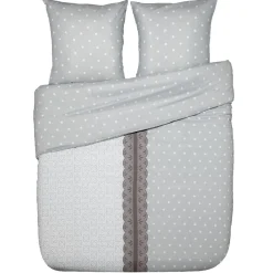 Parure de lit 2 places bi-motif gris à pois blanc
