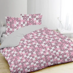 Parure de lit 2 places blanche avec motifs carrés rouge rose