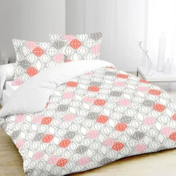 Parure de lit 2 places blanche design géométrique rouge gris