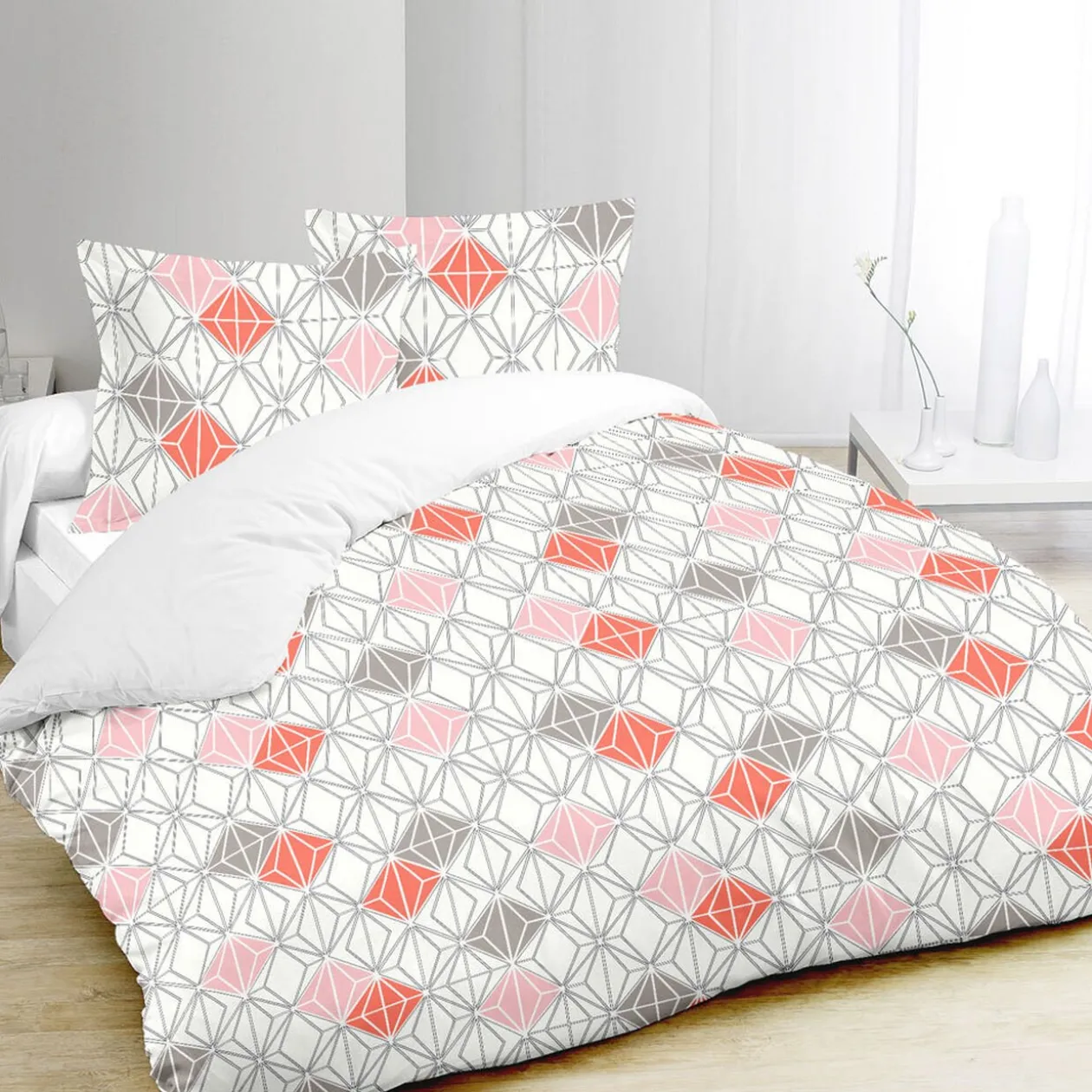 Parure de lit 2 places blanche design géométrique rouge gris