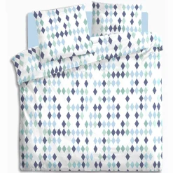 Parure de lit 2 places blanche imprimée losanges bleu vert